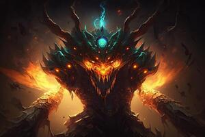 blazing scary demon in the space, flames in background, illustration, photo