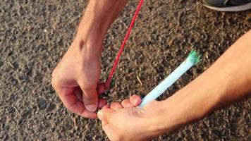 Fisherman preparing fishing rod video