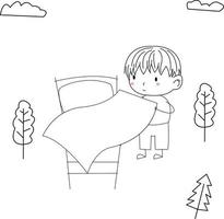 simple and cute kid illustration in line art style cleaning the bed vector