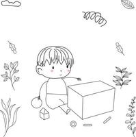 simple and cute kid illustration in line art style playing with a box vector