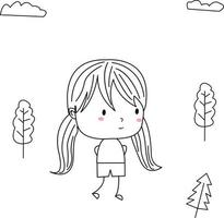 simple and cute kid illustration in line art style standing shy vector