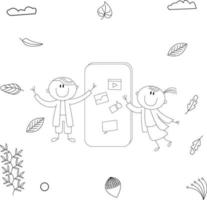 simple and cute kid illustration in line art style is presenting with a gadget vector