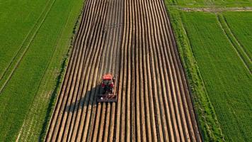 aéreo ver de tractor realiza siembra en el campo video