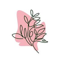 Hand drawn doodle branch with leaves. Minimalist design.  Continuous one simple single line drawing Vector illustration.