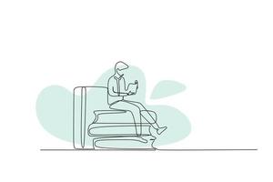 Continuous line drawing of man reading book on the couch. Vector illustration