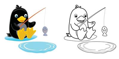 Vector cartoon of funny penguin fishing. Coloring book or page