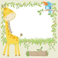 Vector cartoon illustration, frame border template of vines with giraffe and bird