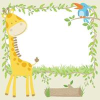 Vector cartoon illustration, frame border template of vines with giraffe and bird