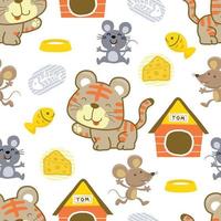 Seamless pattern of funny cat cartoon with mouse and fish. Pet elements cartoon vector