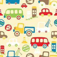 Seamless pattern vector of colorful vehicles cartoon with buildings, traffic elements illustration