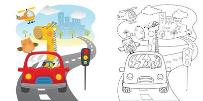 Vector cartoon of funny giraffe with owl on car in city road, urban transport elements, coloring book or page