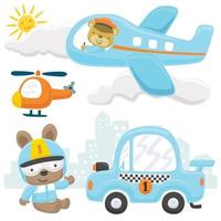 Vector set of transport cartoon with funny animals, transportation elements illustration