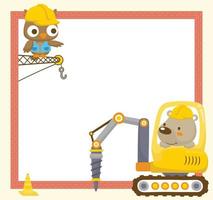 Bricks frame border text template with construction vehicle, owl and bear in worker helmet vector