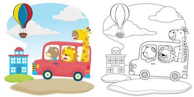 Vector cartoon of funny animals on red bus going to school, coloring book or page