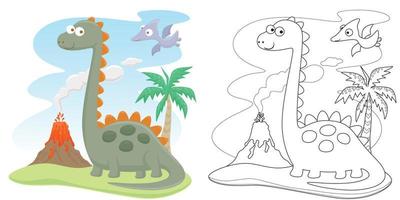 Vector  cartoon of funny dinosaurs with prehistoric elements, coloring book or page