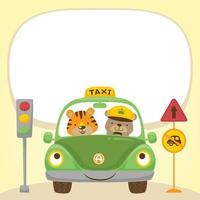 Vector cartoon of bear and tiger on car with traffic signs, text template for invitation card