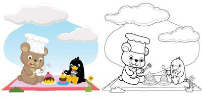 Vector cartoon of funny bear with penguin enjoying cake dish on rug, coloring book or page