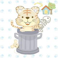 Vector cartoon of funny cat holding fish bone with mice in trash can, little house with tree on animals trail background