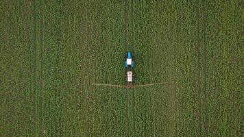Aerial view of tractor treats agricultural plants on the field video