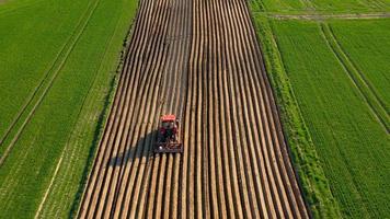 Aerial view of tractor performs seeding on the field video