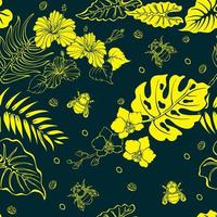 Bumblebee, monstera and orchid. Seamless pattern with tropical plants. Vector. vector