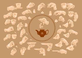 Hands with a teacup, saucer, and spoon. Funny hands. Vector. vector