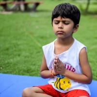 Asian smart kid doing yoga pose in the society park outdoor, Children's yoga pose. The little boy doing Yoga exercise. photo