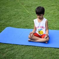 asiático inteligente niño haciendo yoga actitud en el sociedad parque exterior, para niños yoga pose. el pequeño chico haciendo yoga ejercicio. foto