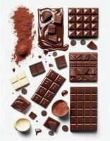 chocolate barras y cacao polvo conjunto en blanco fondo, creado con generativo ai foto