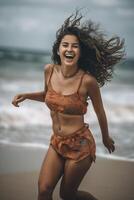 joven mujer en bikini en el Oceano costa, creado con generativo ai foto