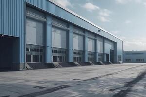 Large distribution warehouse with doors for goods loading, created with photo