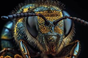 macro Disparo de abeja coleccionar polen, creado con generativo ai foto
