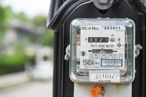 Bangkok, Thailand April 10, 2023,Electric measuring power meter for energy cost at home and office. photo