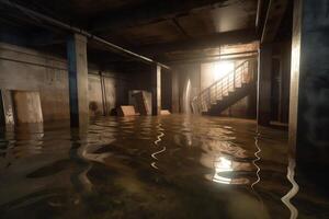 Flooded dirty cellar 3D rendering. AI Generated photo