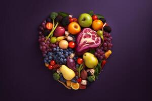 Human heart made of fruits and vegetables on purple background. photo