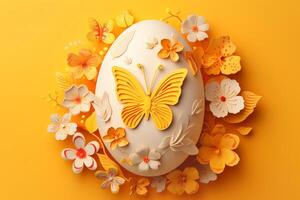 contento Pascua de Resurrección huevo con flores y mariposas en amarillo antecedentes. ai generado foto