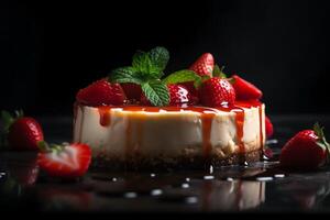 Close up shot of modern cheesecake with strawberries and mint. photo