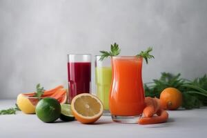 Fresh vegetable juice on white background. photo