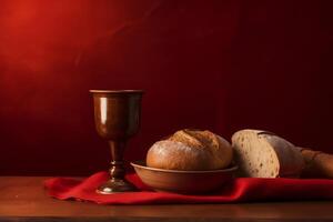 Communion still life with bread, wine, and cup on red background. photo