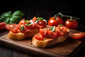 Delicious tomato bruschetta slices on board. photo