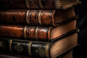 Antique leather books stack in library banner header image. photo