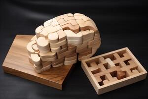 Brain shape wooden puzzle blocks for logical thinking. photo