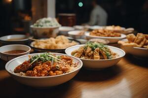 Chinese food on white bowl set. photo