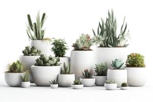 colección de plantas en cerámico ollas en blanco fondo, 3d prestar. ai generado foto