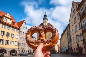 German pretzel and old European architecture. photo