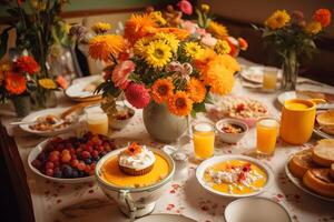 Breakfast on flower decorated table. photo