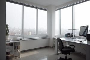 Light office with computer and panoramic window. photo