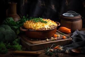 Shepherd's pie with minced meat and veggies on table. photo