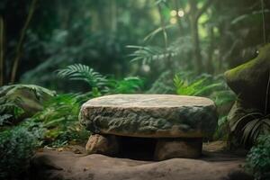 Stone table in green jungle background for product display. photo