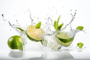 Water splash with lime, mint, and ice cubes on white background. photo